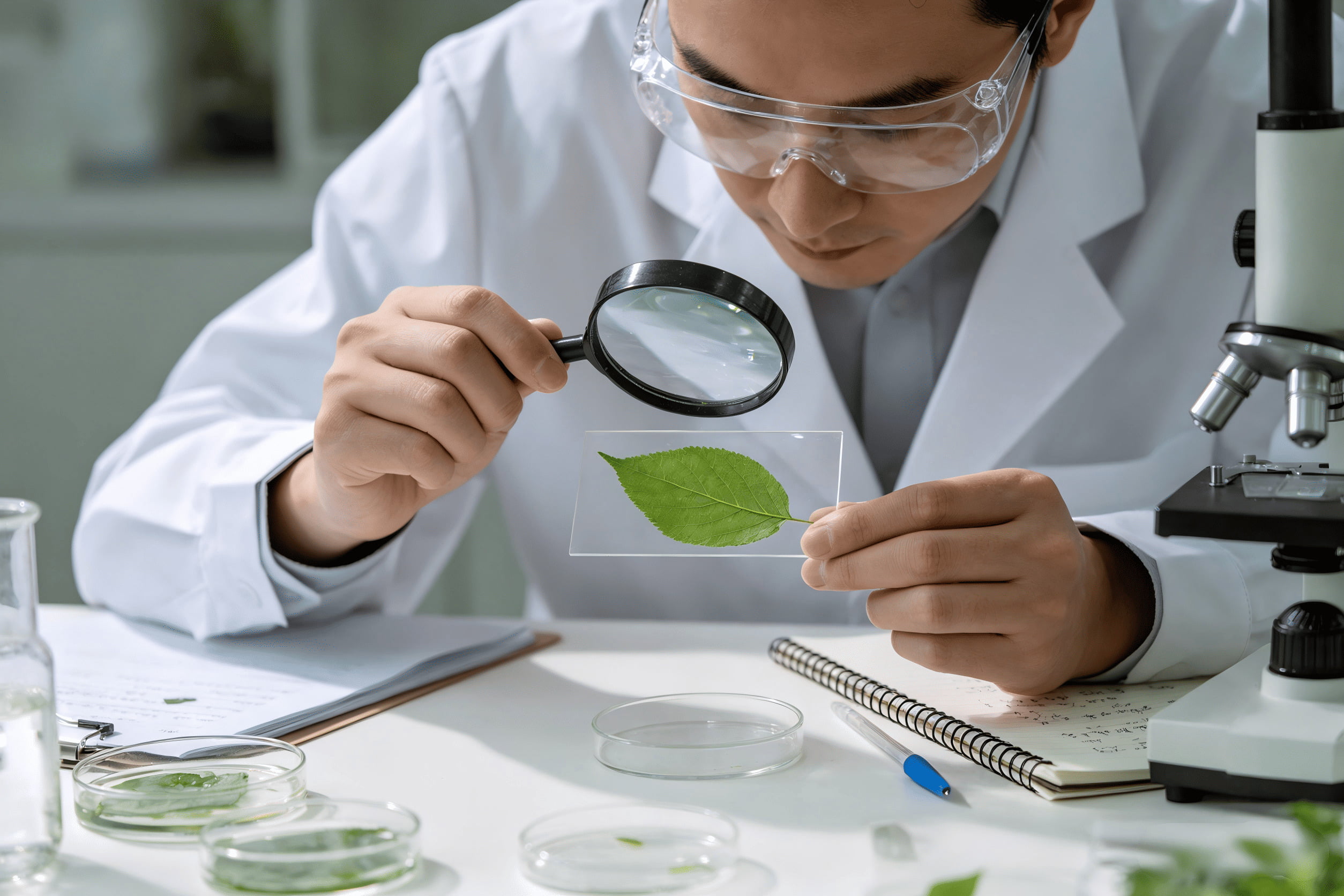 A scientist inspecting a plant leaf in a lab